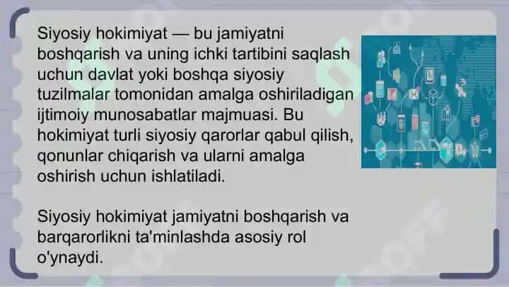 Siyosiy hokimiyatning subyektiga ko‘ra tasnifi individual siyosiy hokimiyat, jamoaviy siyosiy hokimiyat 3