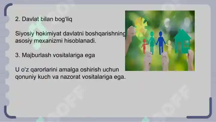 Siyosiy hokimiyatning subyektiga ko‘ra tasnifi individual siyosiy hokimiyat, jamoaviy siyosiy hokimiyat 5