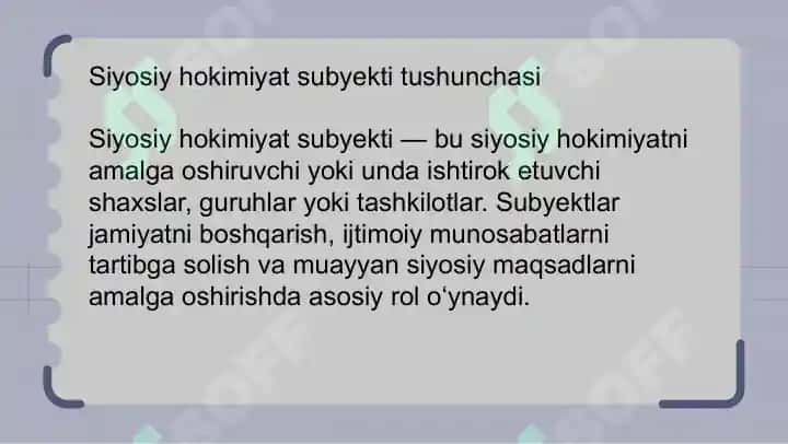 Siyosiy hokimiyatning subyektiga ko‘ra tasnifi individual siyosiy hokimiyat, jamoaviy siyosiy hokimiyat 8