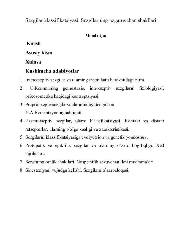Sezgilar klassifikatsiyasi. Sezgilarning uzgaruvchan shakllari 1