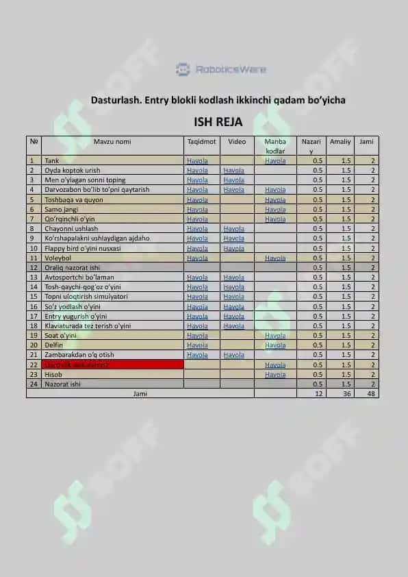 Entry dasturlash (4 oylik - ish rejasi) 2
