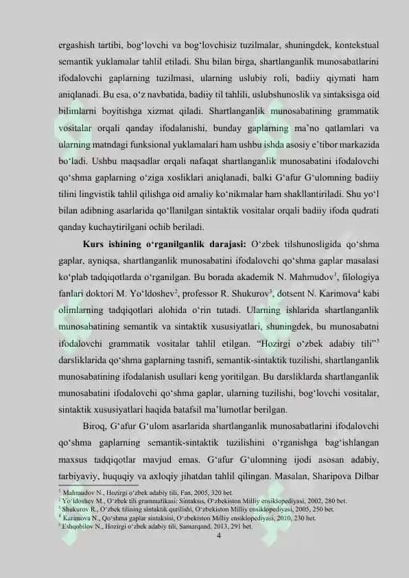 Shartlanganlik munosabatlarini ifodalovchi qo'shma gaplarning semantik -sintaktik tuzilishi.(G'afur G'ulom asarlarida) 4