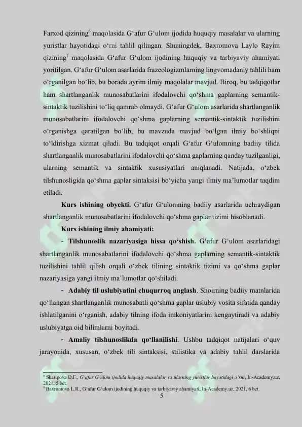 Shartlanganlik munosabatlarini ifodalovchi qo'shma gaplarning semantik -sintaktik tuzilishi.(G'afur G'ulom asarlarida) 5