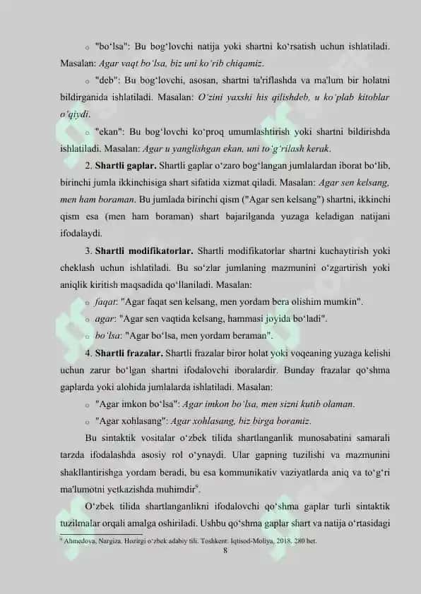 Shartlanganlik munosabatlarini ifodalovchi qo'shma gaplarning semantik -sintaktik tuzilishi.(G'afur G'ulom asarlarida) 8