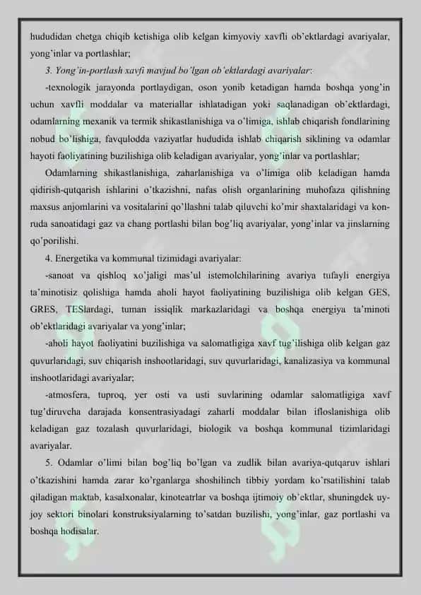 Aholini va hududlarni tabiiy hamda texnogen xususiyatli favquloddavaziyatlardan muhofaza qilish to'g'risidagi qonun bandlarini o'rganish. 3