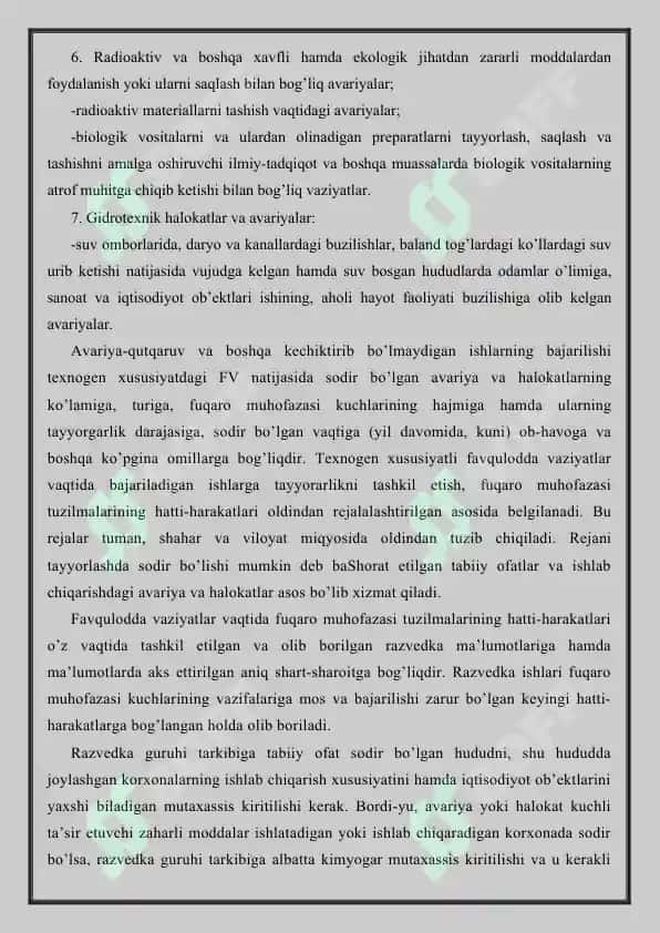 Aholini va hududlarni tabiiy hamda texnogen xususiyatli favquloddavaziyatlardan muhofaza qilish to'g'risidagi qonun bandlarini o'rganish. 4