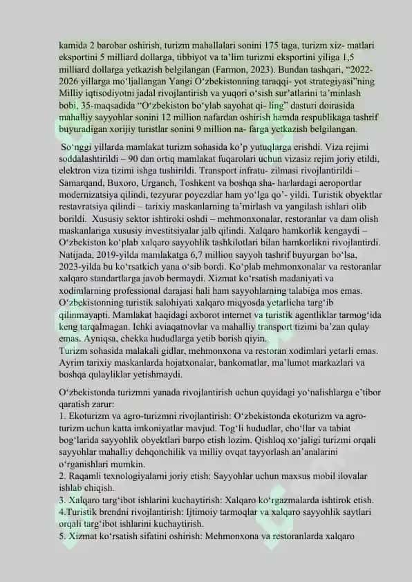 O'zbekistonda turizmni rivojlantirish istiqbollari 2