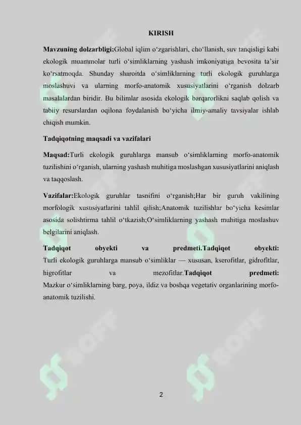 Turli ekologik guruhlarga mansub o'simliklarning morfo-anotomik tuzulishini o'rganish 2
