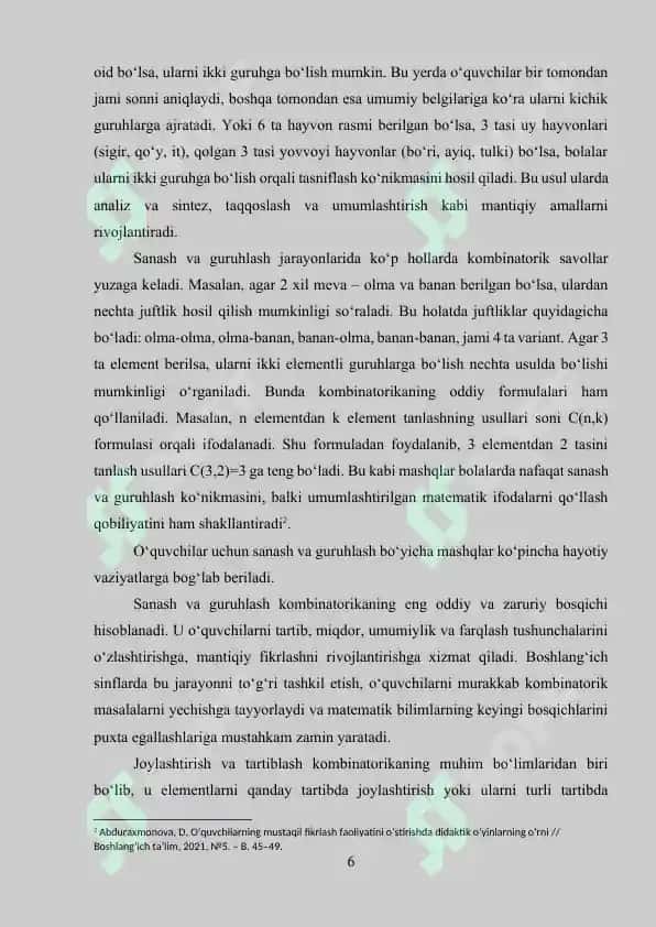 Boshlang‘ich sinflarda kombinatorika elementlari va mantiqiy masalalar 6