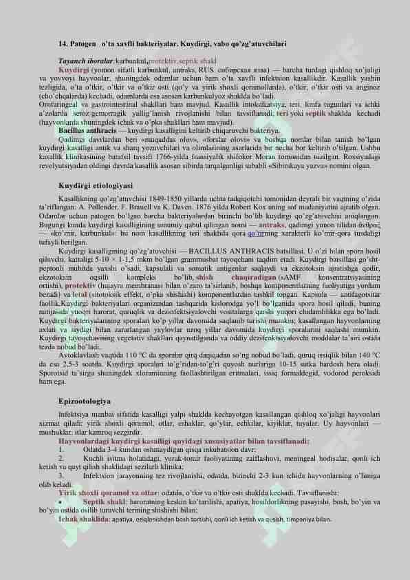 Patogen o'ta xavfli bakteriyalar. Kuydurgi, vabo qozgatuvchilari