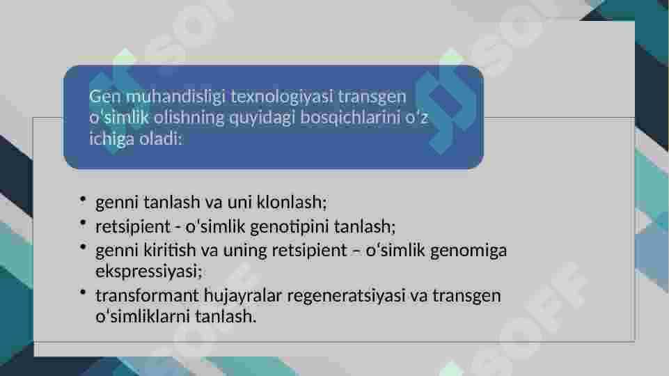 GENETIK SELEKSION TADQIQOTLARDA GEN MUHANDISLIGI USULIDA TADQIQOTLAR OLIB BORISHSELEKSIYANING ASOSIY USULLARI BO’LGAN DURAGAYLASH, EKSPERIMENTAL MUTAGENEZ, GEN MUHANDISLIGI USULLARINI QIYOSIY TAHLIL. 8