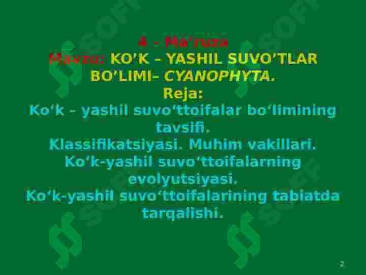 Koʻk-yashil suv oʻtalar boʻlimi bilan umumiy tanishish 2