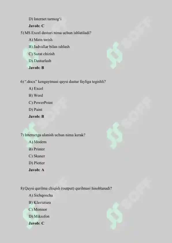 Kompyuter savodxonligi boʻyicha 50-ta test savollari to‘plami javoblari bilan 2