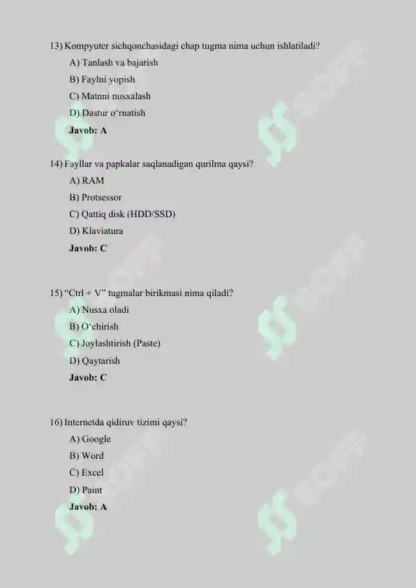 Kompyuter savodxonligi boʻyicha 50-ta test savollari to‘plami javoblari bilan 4