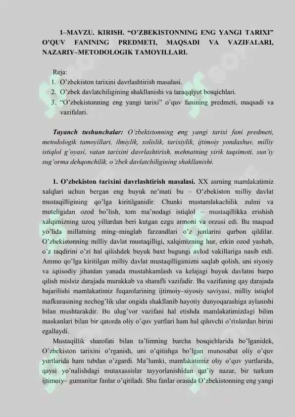 O'zbekistonning eng yangi tarixi fanidan ma'ruzalar 3