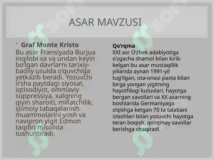 “Graf monte Kristo” va “qo’rqma” romanlari tahlili 8