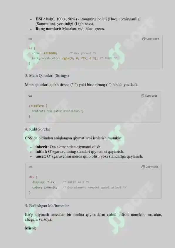 CSS da ma'lumotlar tiplari va tanimlar 4