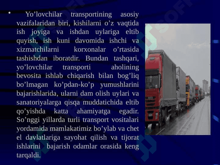Transport vositalarida yuk va yo’lovchi tashish to’g’risida asosiy tushunchalar. 5
