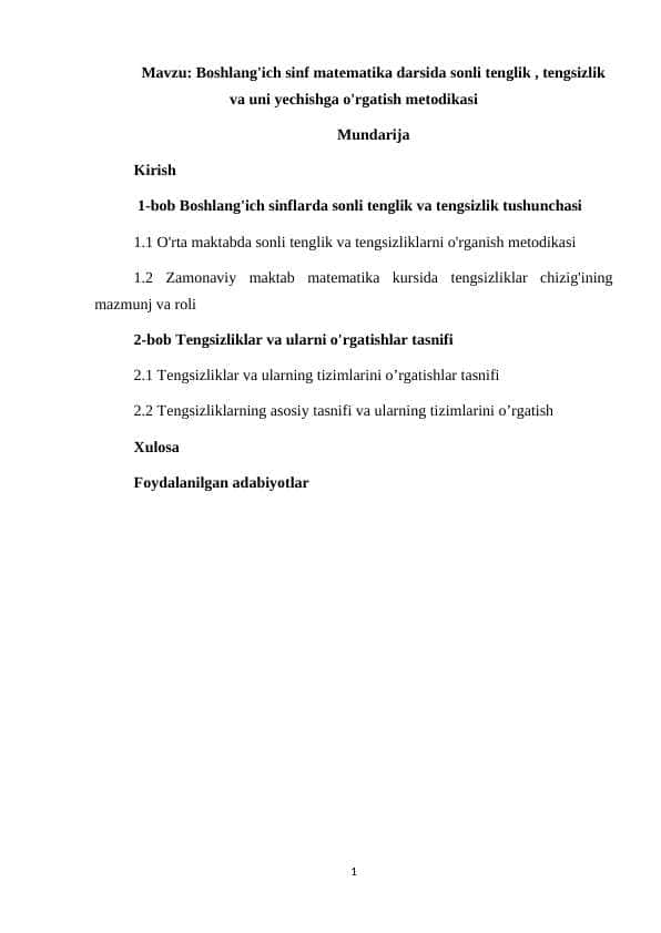 Boshlang'ich sinf matematika darsida sonli tenglik , tengsizlik va uni yechishga o'rgatish metodikasi 1