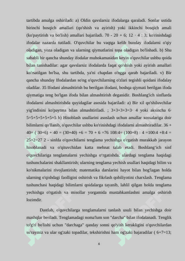 Boshlang'ich sinf matematika darsida sonli tenglik , tengsizlik va uni yechishga o'rgatish metodikasi 6