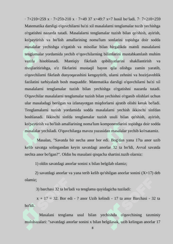 Boshlang'ich sinf matematika darsida sonli tenglik , tengsizlik va uni yechishga o'rgatish metodikasi 8