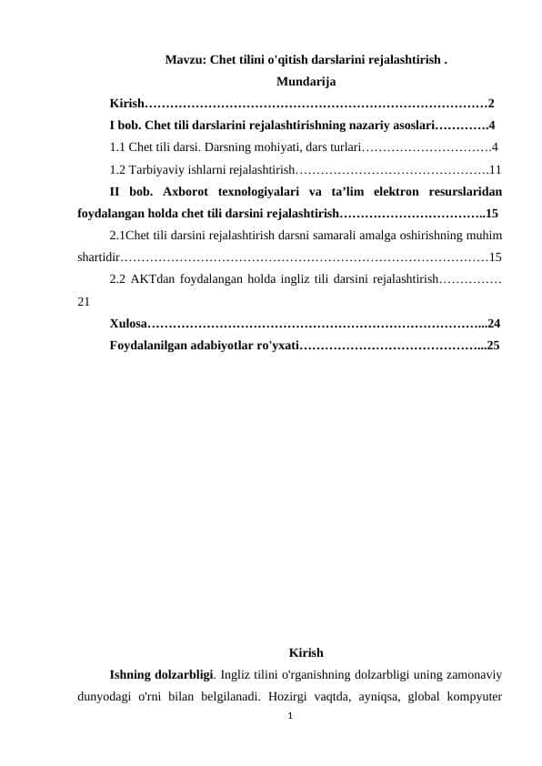 Chet tilini o'qitish darslarini rejalashtirish 1