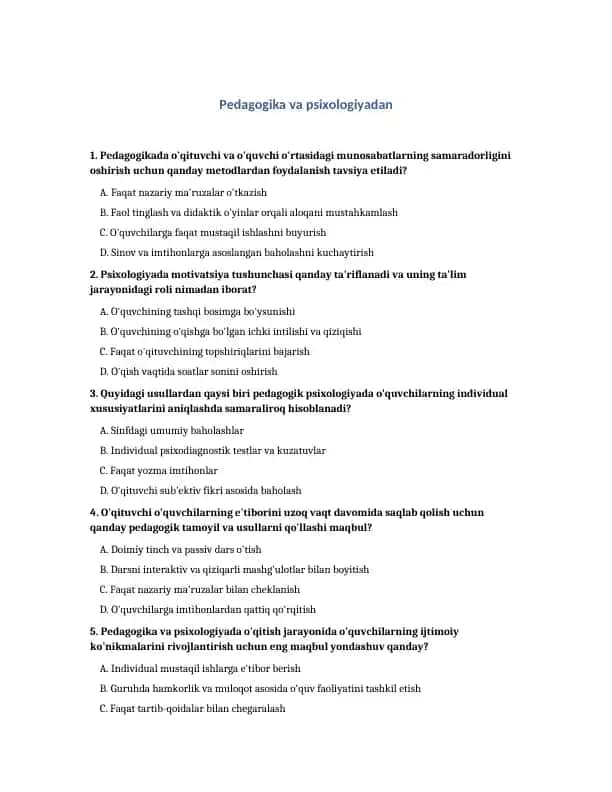 Pedagogika va psixologiyadan 1