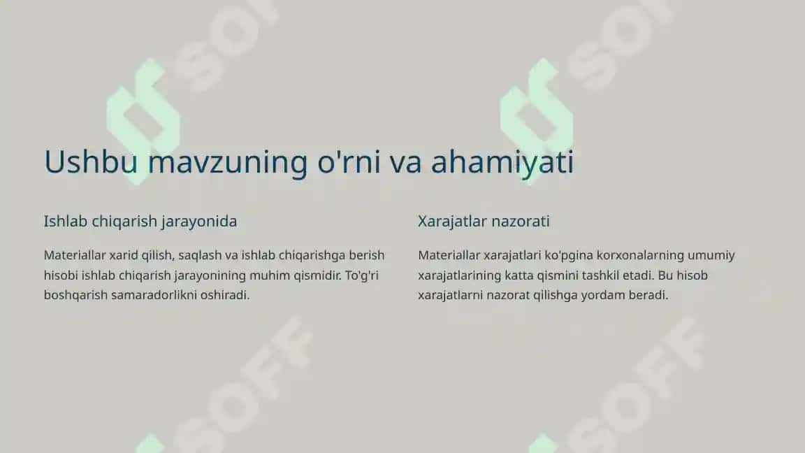 Materiallarni xarid qilish, saqlash va ishlab chiqarishga berish hisobi 2