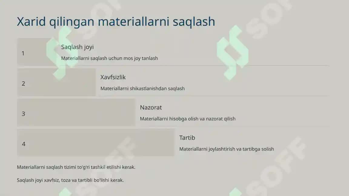 Materiallarni xarid qilish, saqlash va ishlab chiqarishga berish hisobi 4