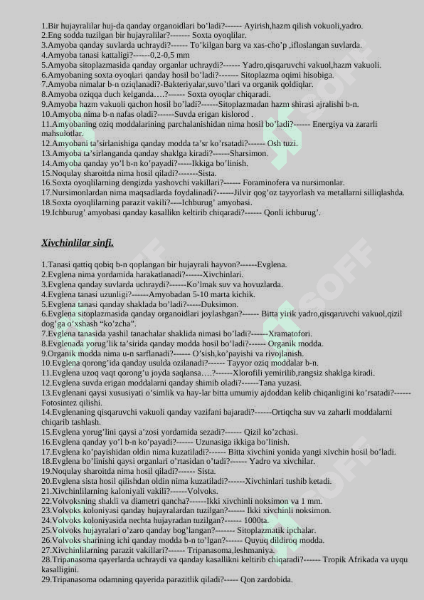 Zoologiya mavzulashtirilgan  savollar javoblari bilan 2