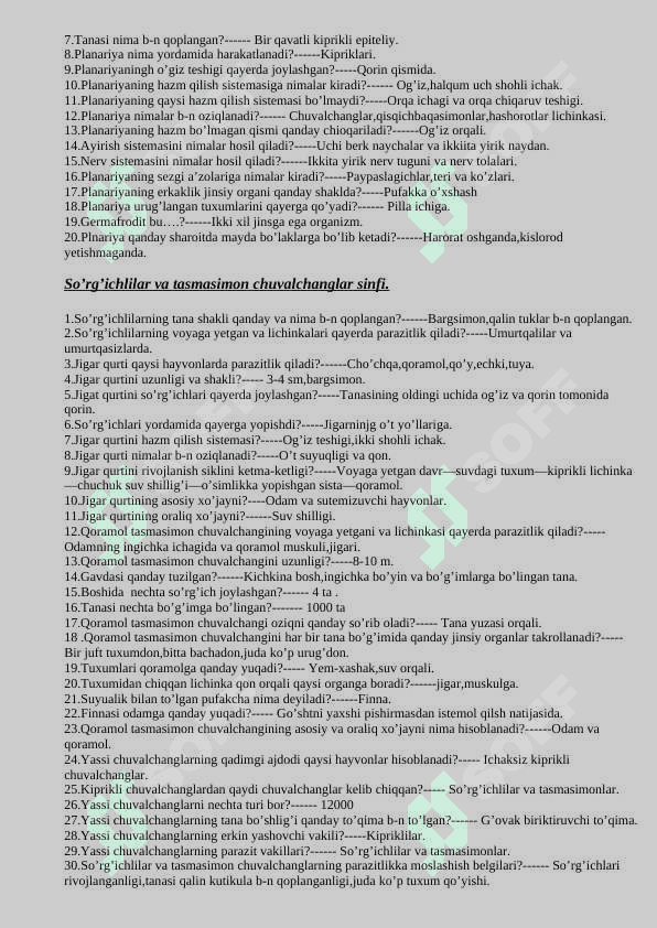 Zoologiya mavzulashtirilgan  savollar javoblari bilan 5