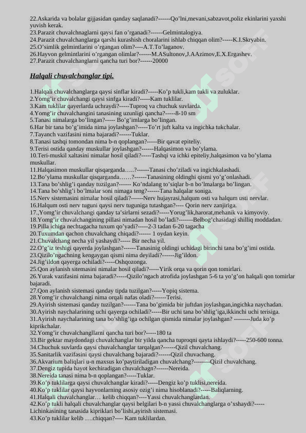 Zoologiya mavzulashtirilgan  savollar javoblari bilan 7