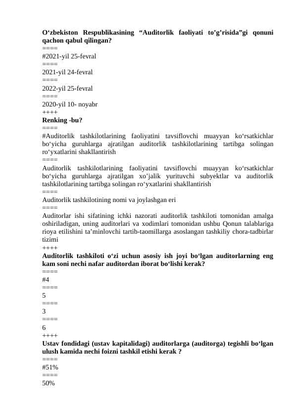 Audit fanidan yakuniy testlar javoblari bilan