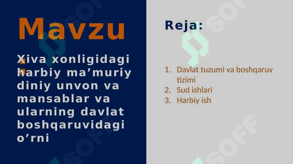 Xiva xonligidagi harbiy ma’muriy diniy unvon va mansablar va ularning davlat boshqaruvidagi o’rni 2