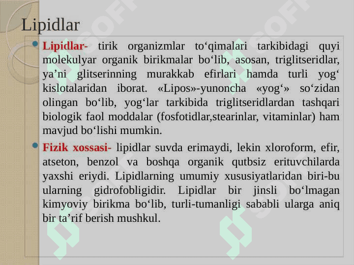Lipidlar. Lipidlarning klassifikatsiyasi: Sovunlanadigan lipidlar 3