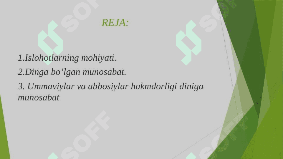 Roshid xaliflar hukumdorligi davridagi islohotlarning mohiyati. Ummaviylar va abbosiylar hukmdorligi diniga munosabat 2