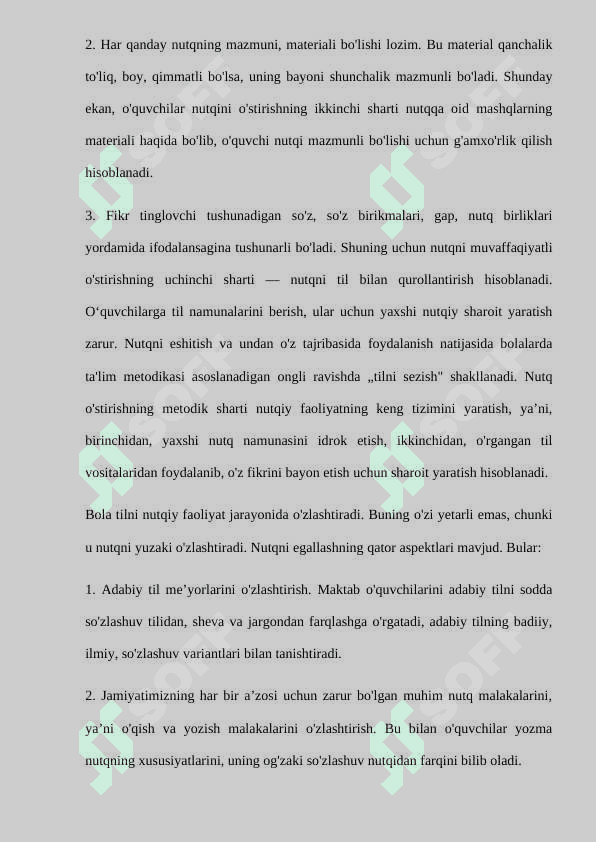 Nutq va uni o‘stirish tushunchasi.  O‘quvchilar nutqiga qo‘yilgan talablar.  Nutq o‘quvchilar tafakkurini o‘stirishda muhim vosita 8