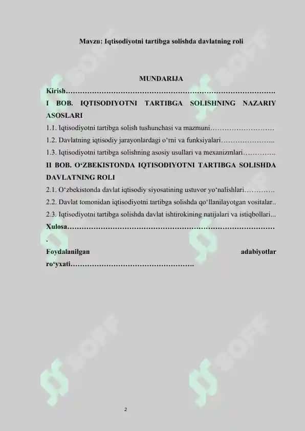 Iqtisodiyotni tartibga solishda davlatning roli                           Kurs ishi "Iqtisodiyotni tartibga solishda davlatning roli" 2