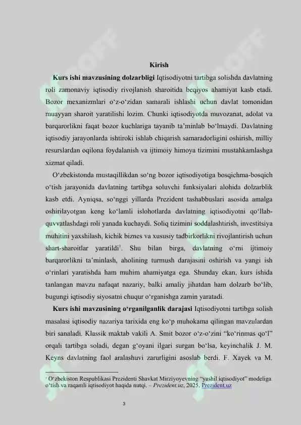 Iqtisodiyotni tartibga solishda davlatning roli                           Kurs ishi "Iqtisodiyotni tartibga solishda davlatning roli" 3