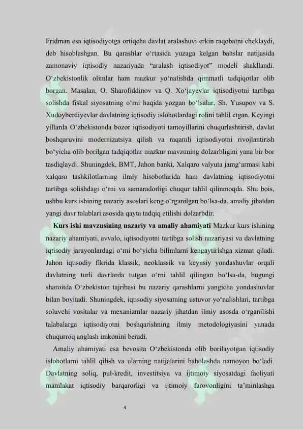 Iqtisodiyotni tartibga solishda davlatning roli                           Kurs ishi "Iqtisodiyotni tartibga solishda davlatning roli" 4