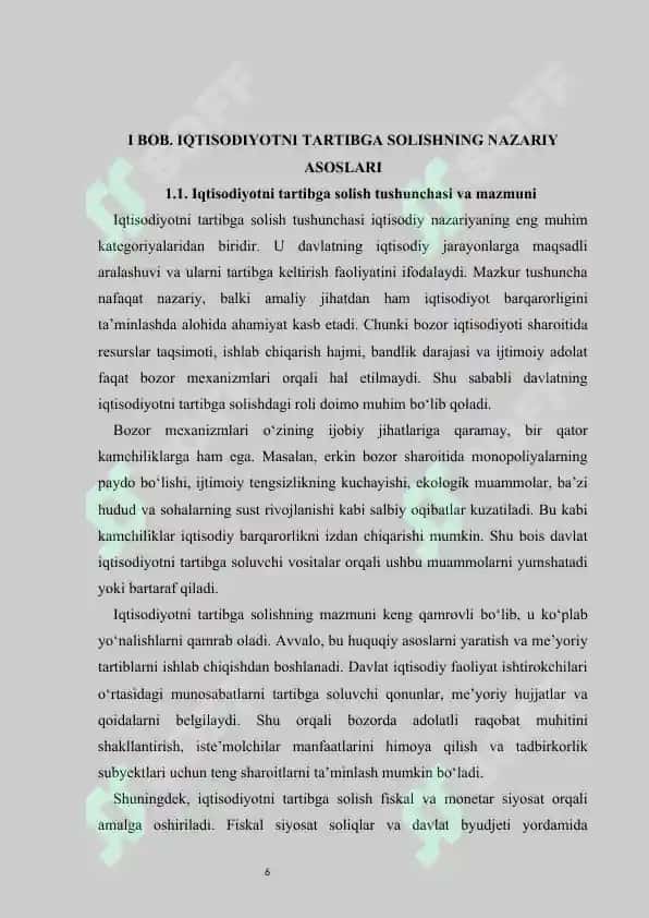 Iqtisodiyotni tartibga solishda davlatning roli                           Kurs ishi "Iqtisodiyotni tartibga solishda davlatning roli" 6