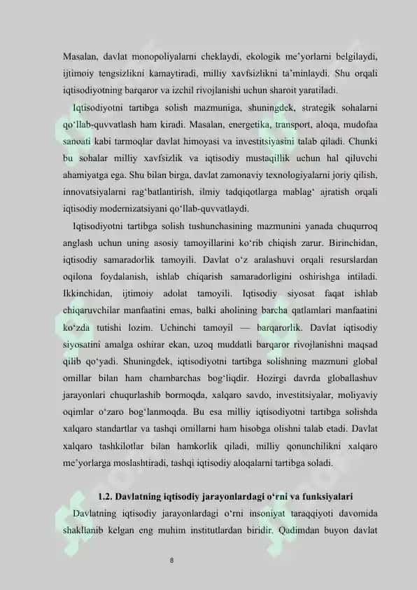 Iqtisodiyotni tartibga solishda davlatning roli                           Kurs ishi "Iqtisodiyotni tartibga solishda davlatning roli" 8
