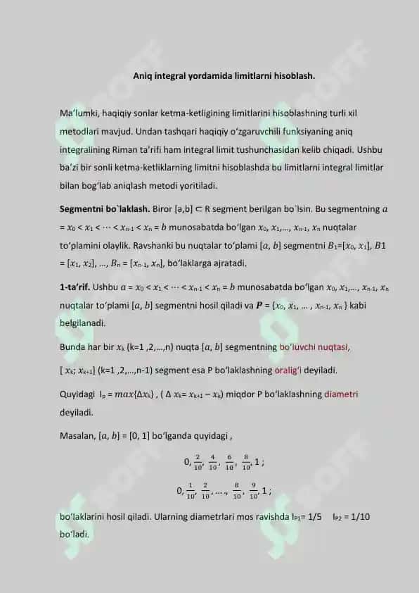 Aniq integral yordamida limitlarni hisoblash va baholash. Matematika integral va limit to'liq va aniq tavsiflari.2025 4