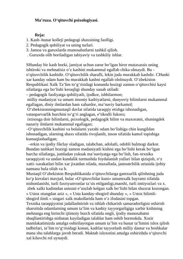 O‘qituvchi psixologiyasi 1