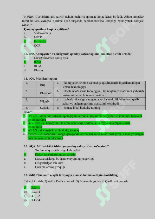 9-sinf - Informatika - Testlar - Javoblari bilan 3