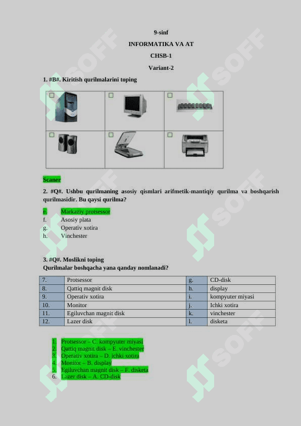9-sinf - Informatika - Testlar - Javoblari bilan 5