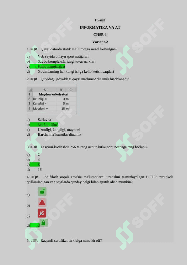 10-sinf - Informatika - Testlar - Javoblari bilan 5