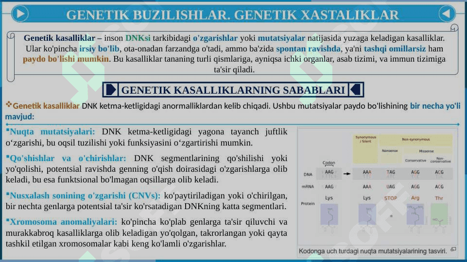 GENETIK BUZILISHLAR. GENETIK XASTALIKLARNING MALEKULAR DIAGNOSTIKASI ASOSLARI. 4