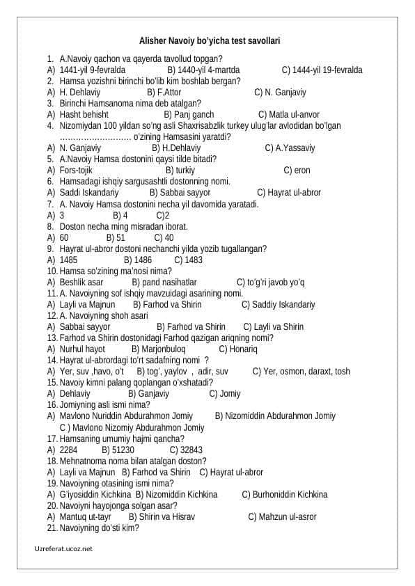 Alisher Navoiy bo’yicha test savollari