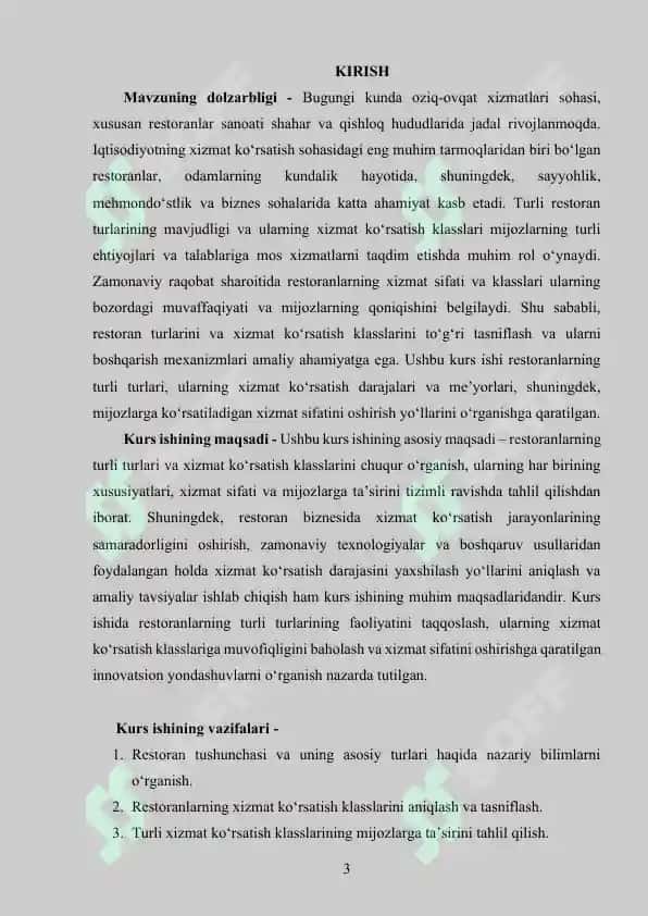 RESTARONLARNING TURLARI VA XIZMAT KO’RSATISH KLASSLARI MAVZUSIDA KURS ISHI 3